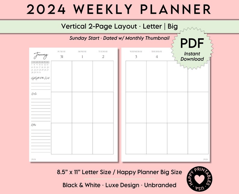 2024 Vertical Weekly Planner Printable PDF Instant Download 8.5x11