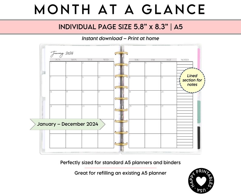 2024 Monthly Planner Printable PDF Instant Download A5 Size / 5.82 X 8.26 2 Page Sunday and