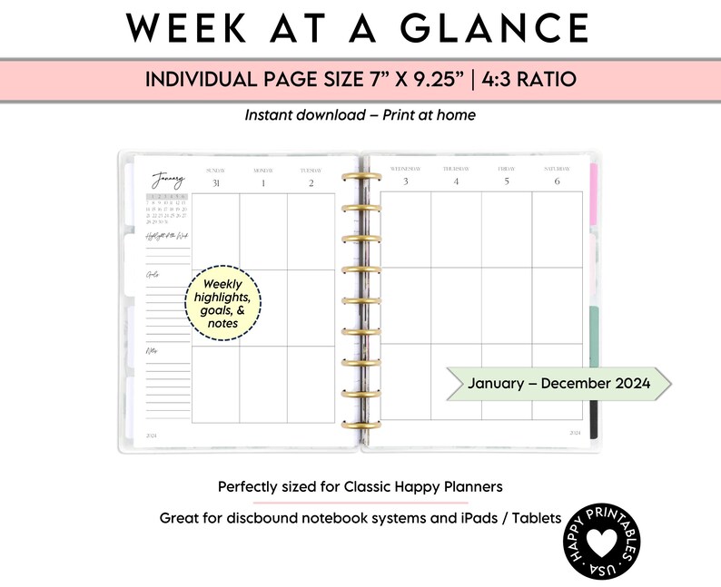2024 Vertical Weekly Planner Printable PDF 7x9.25 Classic Happy Planner