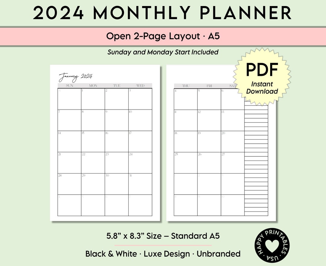 2024 Monthly Planner Printable PDF Instant Download A5 Size / 5.82 X 8. ...