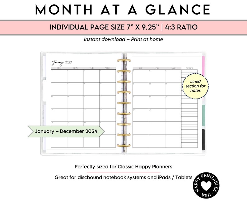 2024 Monthly Planner Printable PDF 7 X 9.25 Classic Happy Planner Size