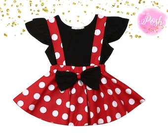 Girls Minnie Mouse Red Black Dress Yellow Bow Costume Cosplay Sundress 2T-7 NEW