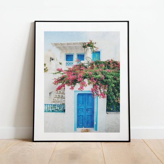 Greek Cottage Santorini Blue Door Flower White Wall | Etsy