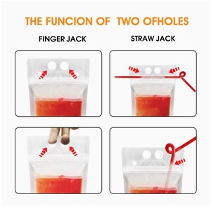 May include: Illustration showing two ways to use a pouch with two holes. The top image shows a finger pushing through the holes to open the pouch. The bottom image shows a straw inserted through the holes. The text "Finger Jack" and "Straw Jack" are above the images.