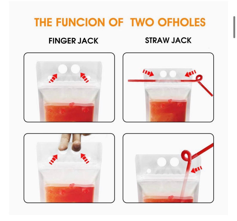 May include: Illustration showing two ways to use a pouch with two holes. The top image shows a finger pushing through the holes to open the pouch. The bottom image shows a straw inserted through the holes. The text "Finger Jack" and "Straw Jack" are above the images.