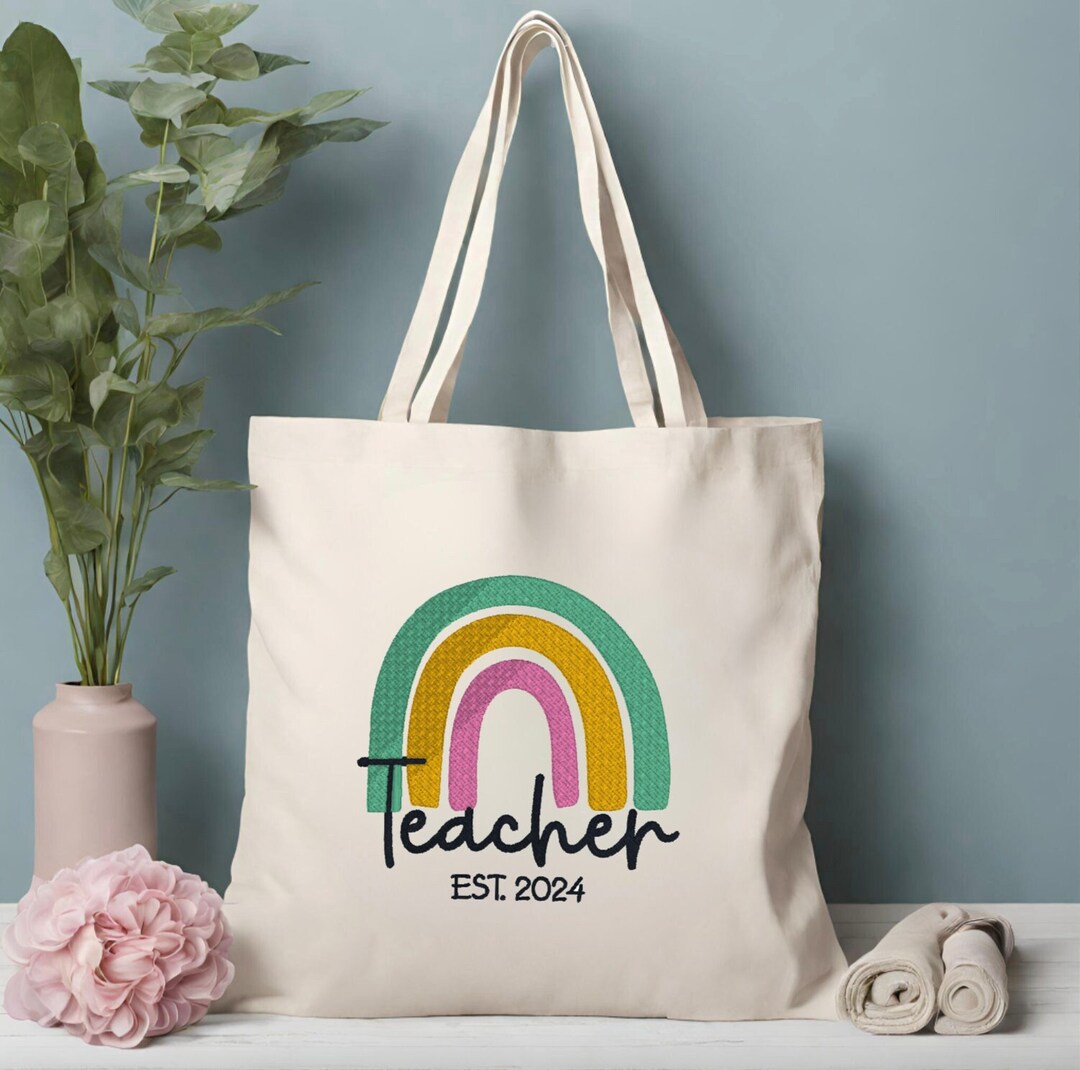 Embroidered Teacher Tote Bag: Boho Rainbow Personalized Canvas Gift - Etsy