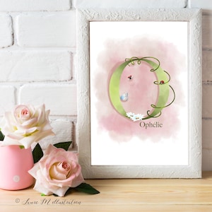 Cuadro inicial decorado con flores, mariquitas y mariposas para niño, bebé, monograma y personalización nombre para imprimir