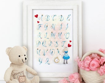 Decorated alphabet inspired by Alice in Wonderland downloadable and printable size A3 A4 Us Letter ideal for children's decoration