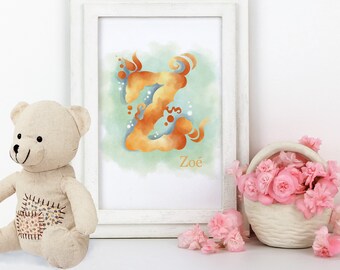 Initial decorated on the theme dragon flame, painting for child, baby, monogram and personalization first name to print
