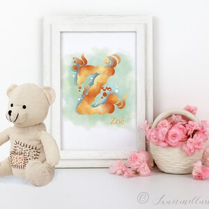 Inicial decorada con temática de llama de dragón, cuadro para niños, bebés, monograma y nombre personalizado para imprimir
