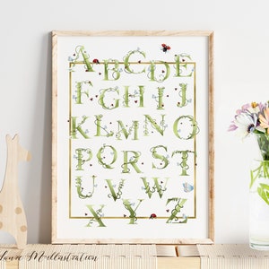 Abecedario de flores, mariquitas y mariposas descargable e imprimible ideal para decoración para niños, bebés, dormitorios o salas de juegos