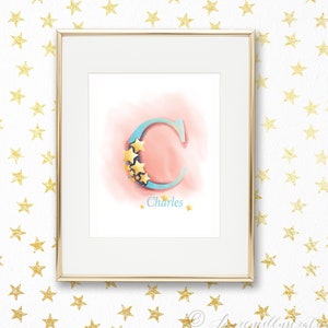 Inicial decorado sobre el tema de la pintura de estrellas para niño, bebé, monograma y personalización nombre de pila para imprimir