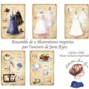 illustrations of Victorian dresses, accessories and objects, world of Jane Eyre, printable files to frame, French text
