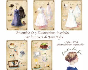 illustrations of Victorian dresses, accessories and objects, world of Jane Eyre, printable files to frame, French text