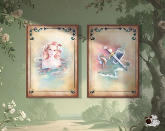 The Little Mermaid wall art - 2 A4 illustrations - vintage style decoration - instant download