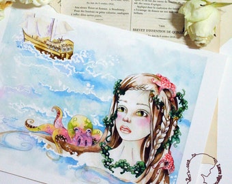 Art reproduction Art print illustration fantasy mermaid In the distance