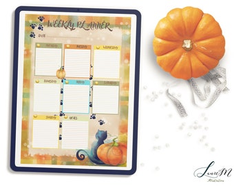 Halloween cat and pumpkin deco weekly digital planner for Goodnotes, Nobility and others..