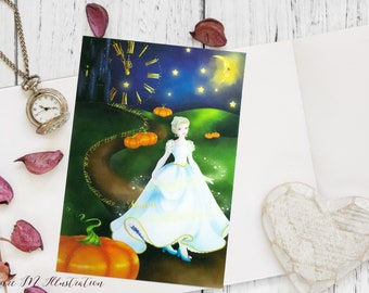 Postcard size A5 illustration Cinderella runs away at Midnight card for decoration or correspondence card to frame