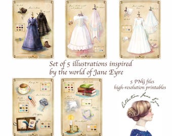 illustrations of romantic and Victorian dresses, objects and accessories inspired by the world of Jane Eyre Printable files text in English