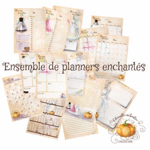 Puede incluir: Un conjunto de páginas de planificador imprimibles con un tema de cuento de hadas. Las páginas incluyen un calendario mensual, un planificador semanal, una lista de tareas y páginas de notas. Las páginas están decoradas con ilustraciones de Cenicienta, calabazas y otros elementos de cuento de hadas. El texto "Ensemble de planners enchantés" y "Citrouille enchantée COLLECTION" es visible en las páginas.