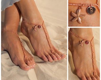 Personalized rose gold foot jewelry, Starfish Barefoot sandals, Wedding gift, Unique gift, Personalized gift for women, Initial anklet