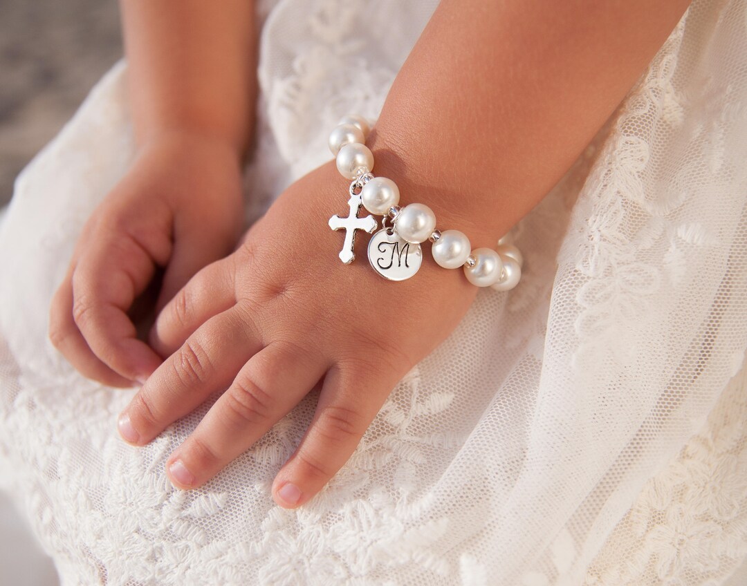 Personalized Kids Pearl Bracelet, Baby Initial Charm Jewelry, Unique