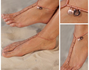 Personalized rose gold foot jewelry, Seashell Barefoot sandles, Wedding gift, Unique gift, Personalized Womens anklet, Initial Gift Women