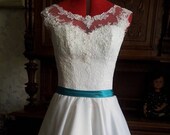 Vintage Inspired Wedding Dress in style of Audrey Hepburn with Lace Corset , Tea Length Skirt , Illusion Neckline , V Shaped Back Cutout