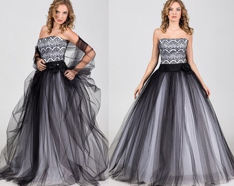 Modern Black and White Lace Light-As-Air Ball Wedding Gown with Lace Corset and Tulle Skirt | Wedding Dress