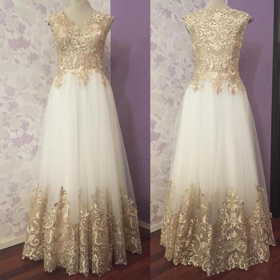 Gold Wedding Dress With Gold Lace Border Transparent Corset Etsy