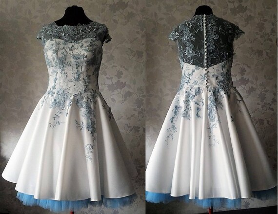 blue tea length wedding dress