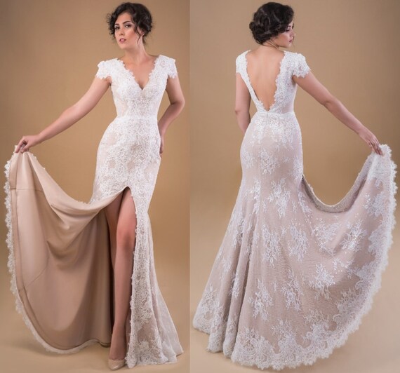 beige lace wedding dress