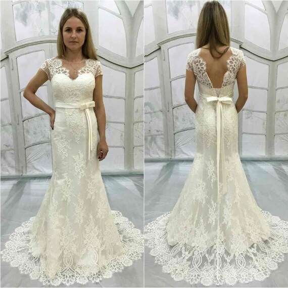 Lace Mermaid Wedding Dress With Open V Cut Lace Transparent Etsy