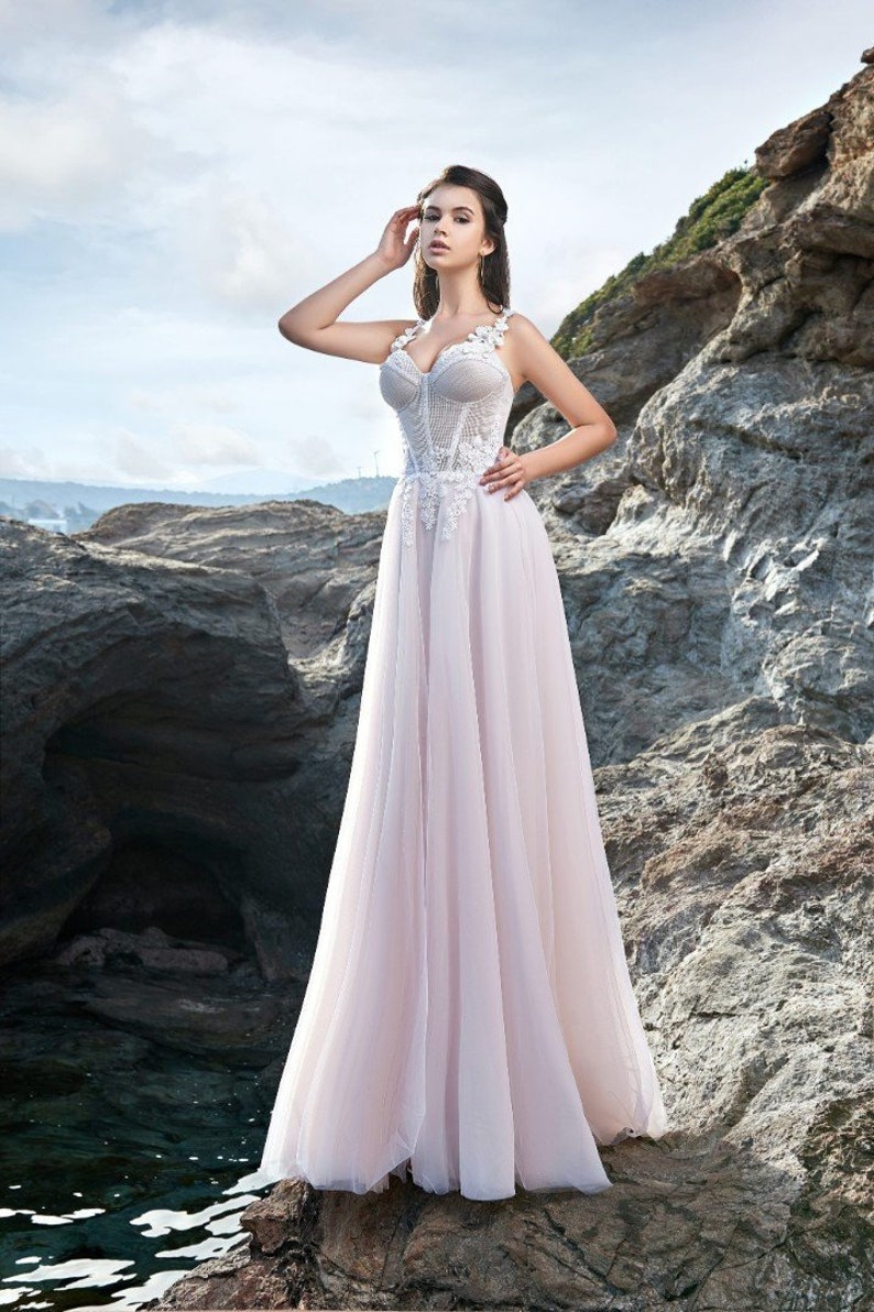 Pink Wedding Dress With Nude Lace Corset With Built In Sconce Etsy
