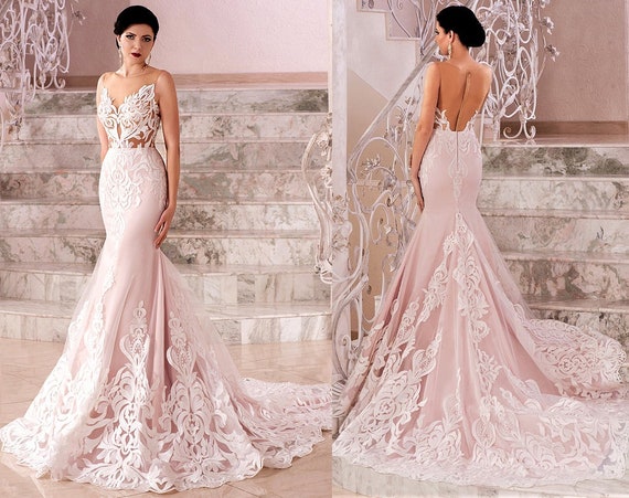 blush and lace wedding dress