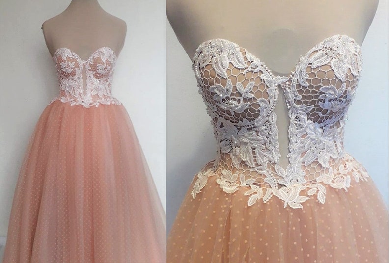Blush wedding dress , tulle wedding dress with transparent lace
