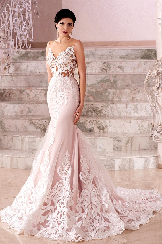 Blush Lace Mermaid Wedding Dress With ...