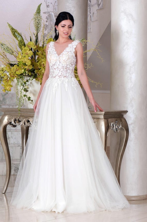 3d Lace Wedding Dress With Sheer Corset And Tulle Skirt And A Etsy