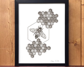 Honeybee Giclee Print - Black and White Bee and Honeycomb Ink Drawing