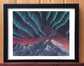 Denali Northern Lights Giclee Print - Alaska, Aurora Borealis, Mountain Art