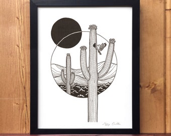 Saguaro Giclee Print - Black and White Desert Cactus Ink Drawing