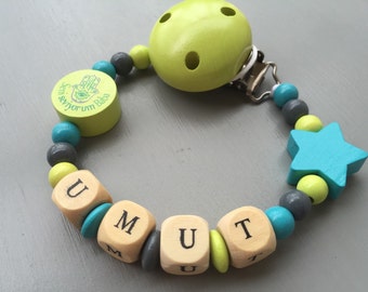 Custom tetine attachment - lollipop fastener - customizable wooden beads with prename: umut