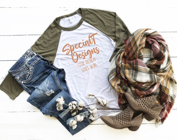 Bella Canvas 3200 Heather Olive Unisex Raglan Tee With Bella Canvas 3200 Heather Olive Unisex Raglan Tee With