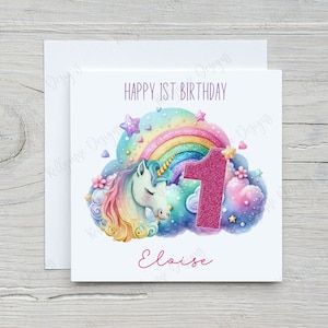 Personalisierte Einhorn Geburtstagskarte, Einhorn Geburtstag, Regenbogen Einhorn, Alter 1 2 3 4 5 6 7 8 9 10 11 12 13