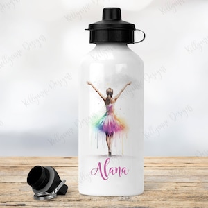 May include: White water bottle featuring a colourful watercolour illustration of a ballerina with the name "Alana" printed on the front.