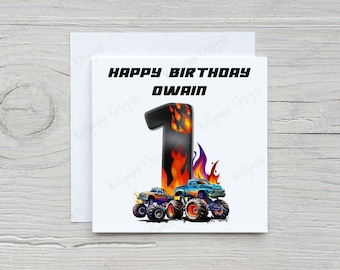 Personalised Monster Truck Birthday Card: 6x6 Linen Card