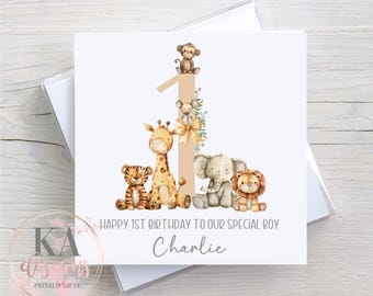 Personalised Safari Animals Birthday Card for Kids, Custom Name & Age, Jungle Animal Party Card, Cute Safari Card