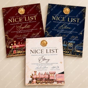 Personalised Santa Nice List Certificate A4 Print, Christmas Train Letter from Santa, North Pole Keepsake, 3 Colours