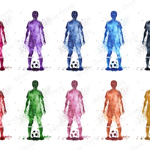 Puede incluir: Una ilustraci&oacute;n digital de diez jugadores de f&uacute;tbol en acuarela de diferentes colores, incluyendo rojo, naranja, amarillo, verde, azul, morado y negro. Cada jugador est&aacute; de pie con un bal&oacute;n de f&uacute;tbol a sus pies.