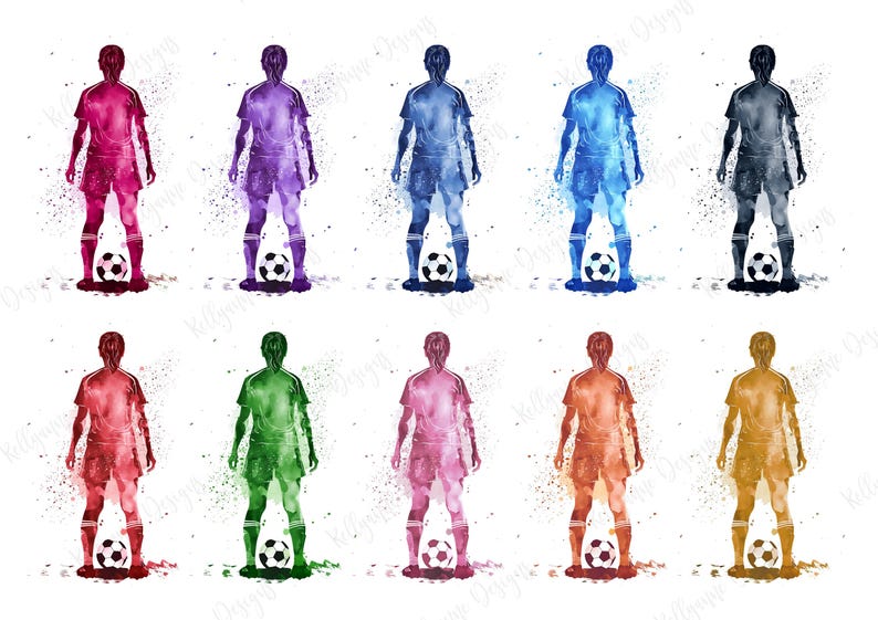 Puede incluir: Una ilustraci&oacute;n digital de diez jugadores de f&uacute;tbol en acuarela de diferentes colores, incluyendo rojo, naranja, amarillo, verde, azul, morado y negro. Cada jugador est&aacute; de pie con un bal&oacute;n de f&uacute;tbol a sus pies.
